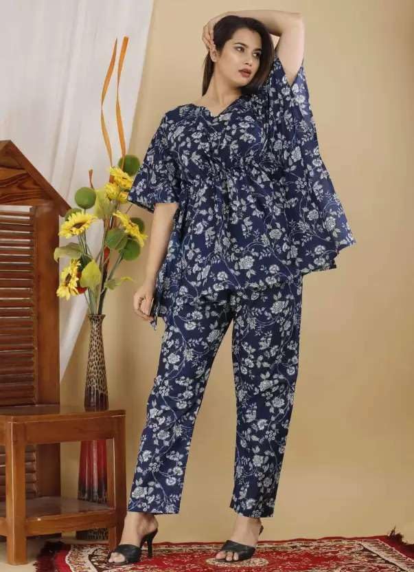 Image of Women's Cotton Floral Printed Casual & Night Wear Kaftan with Pant