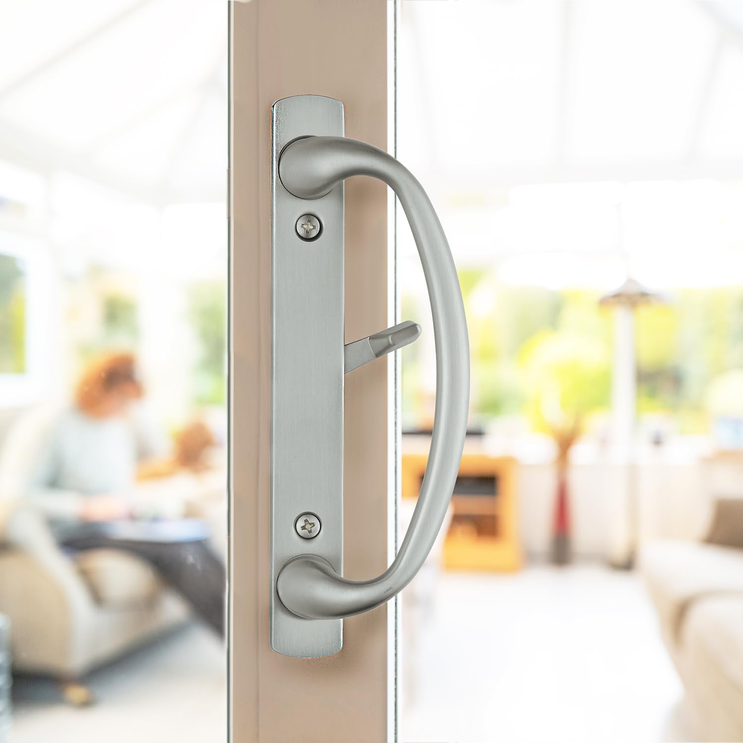 Rockwell Security Charlotte Patio Sliding Door Handle Set Brushed Chrome Fits 3-15/16 Inch CTC Screw Holes for Residential Use