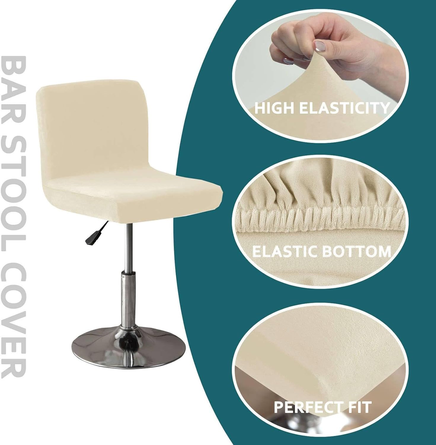 Velvet Barstool Covers Slipcovers, 2 Pack Stretch Barstool Covers Slipcovers with Backs Elastic Bottom Bar Stool Chair Cover Soft for Hotel-Beige-Set of 2
