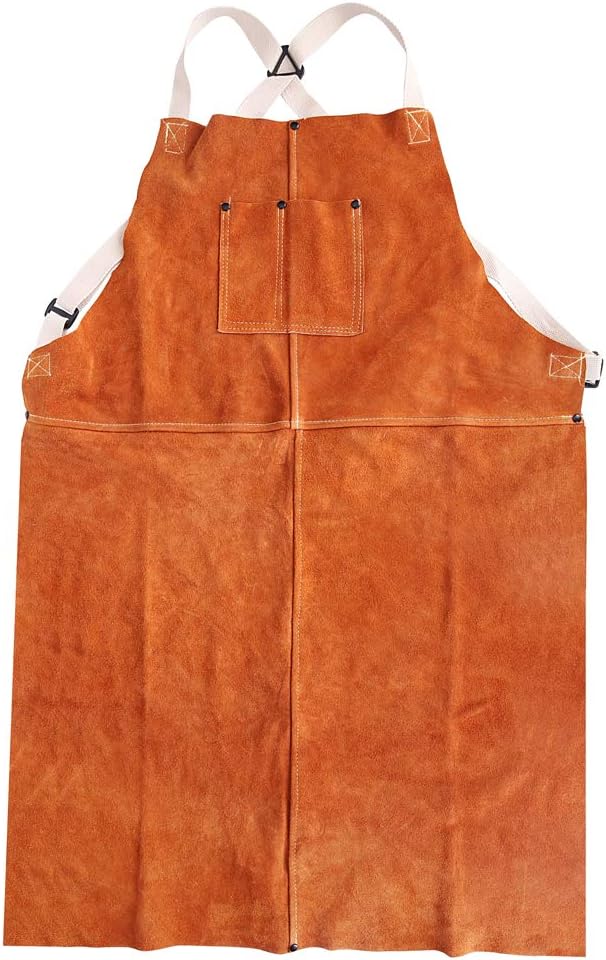 EULANGDE Premium Brown Split Cowhide Leather Heat & Flame Resistant Heavy Duty Welding Bib Apron, Adjustable XL to XXXL for Men & Women (24" Width x 42" Length)