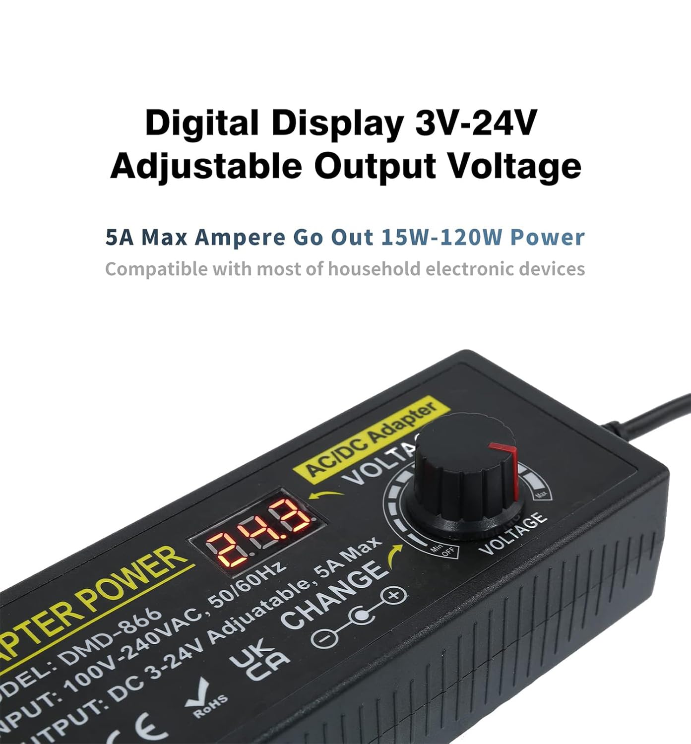 Universal Netzteil 3V-24V 5A 120W Einstellbares Netzteil AC/DC Netzteiladapter 100V-240V AC zu DC mit 14 pcs Adapter Stecker für Haushaltsgeräte LED Beleuchtung, DVD, TFT Monitor, Lautsprecher