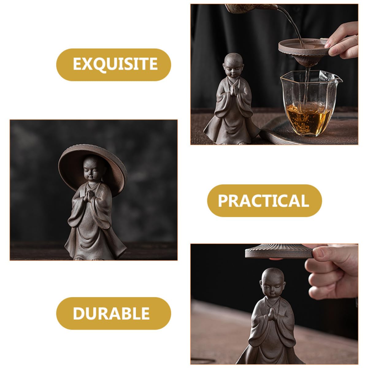 Filtre à Thé et Infuseur à Thé de Moine Marron en Céramique Ornement Décoratif Pratique pour Décorer l'espace de Vie