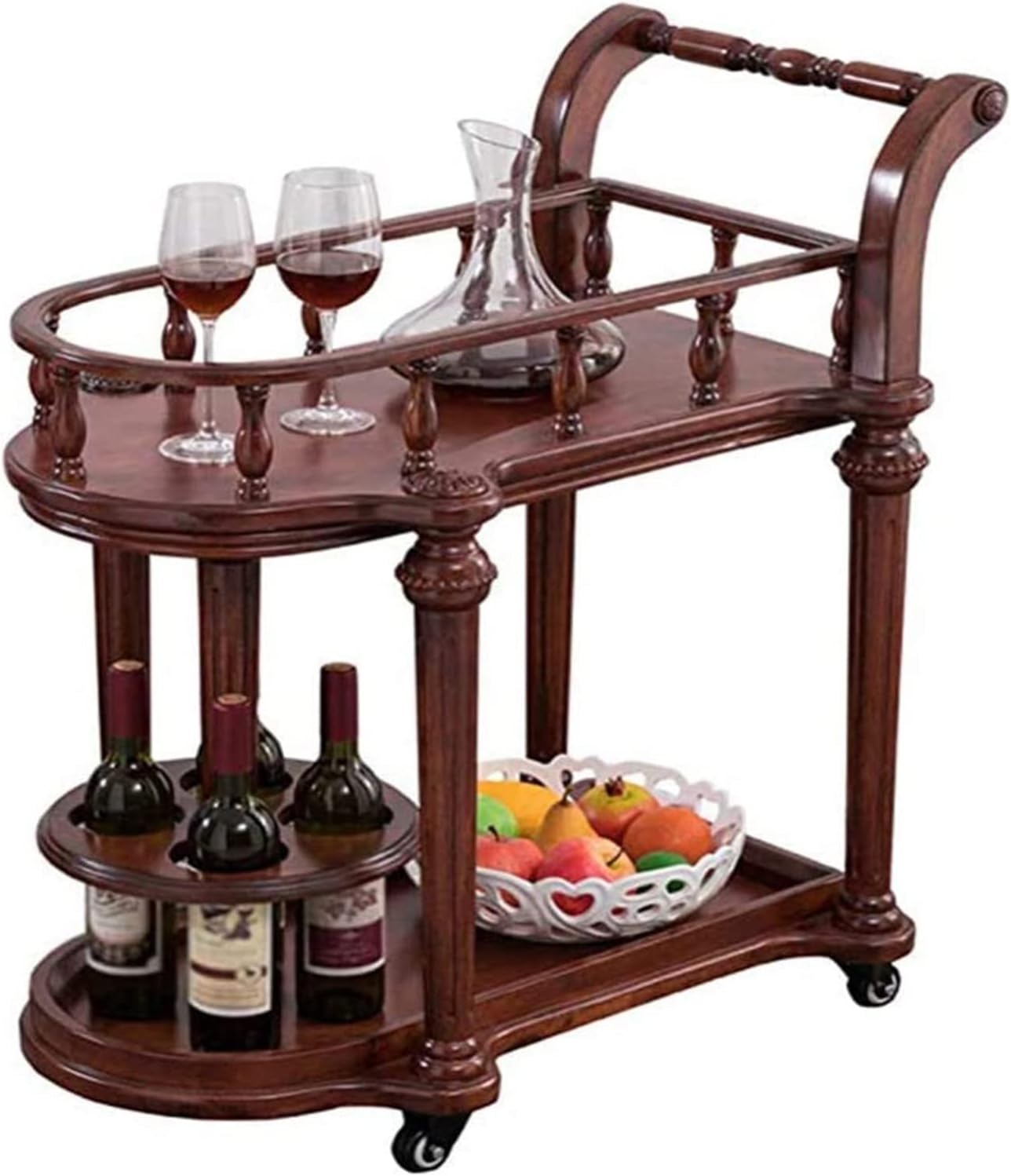 Bar Serving Carts Mobile Kitchen Serving Trolley, Bar Wine Storage Trolley - Tea Cart - Wood Dining Cart with 4 Wine Rack - Multifunctional Home Kitchen Star Hotels Clubs Storage