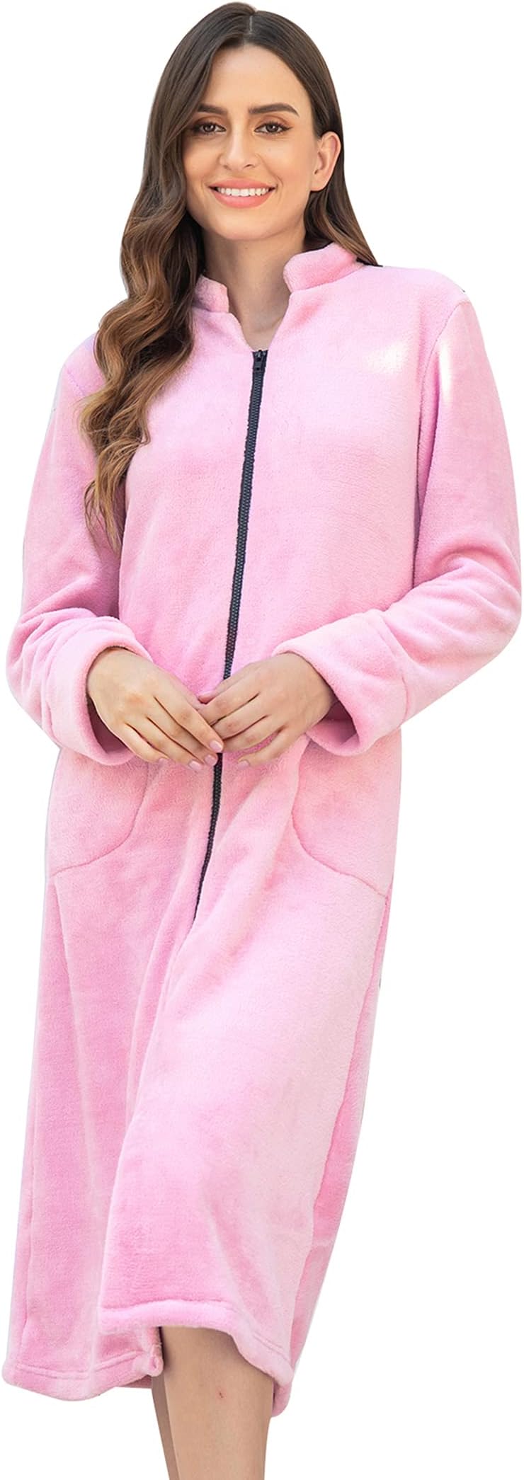 Ekouaer Women Robe Fleece Bathrobe Long Zip Up Lounger Warm Housecoat Long Sleeve Nightgown with Pockets S-XXL