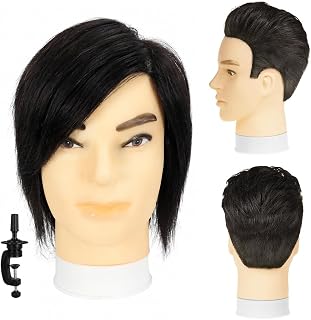 12" Male Mannequin Head with 100% Human Hair Training Head for Cosmetology Straight Thick Hair Manikin Head Doll Head with Human Hair with Stand Practice Cutting Styling