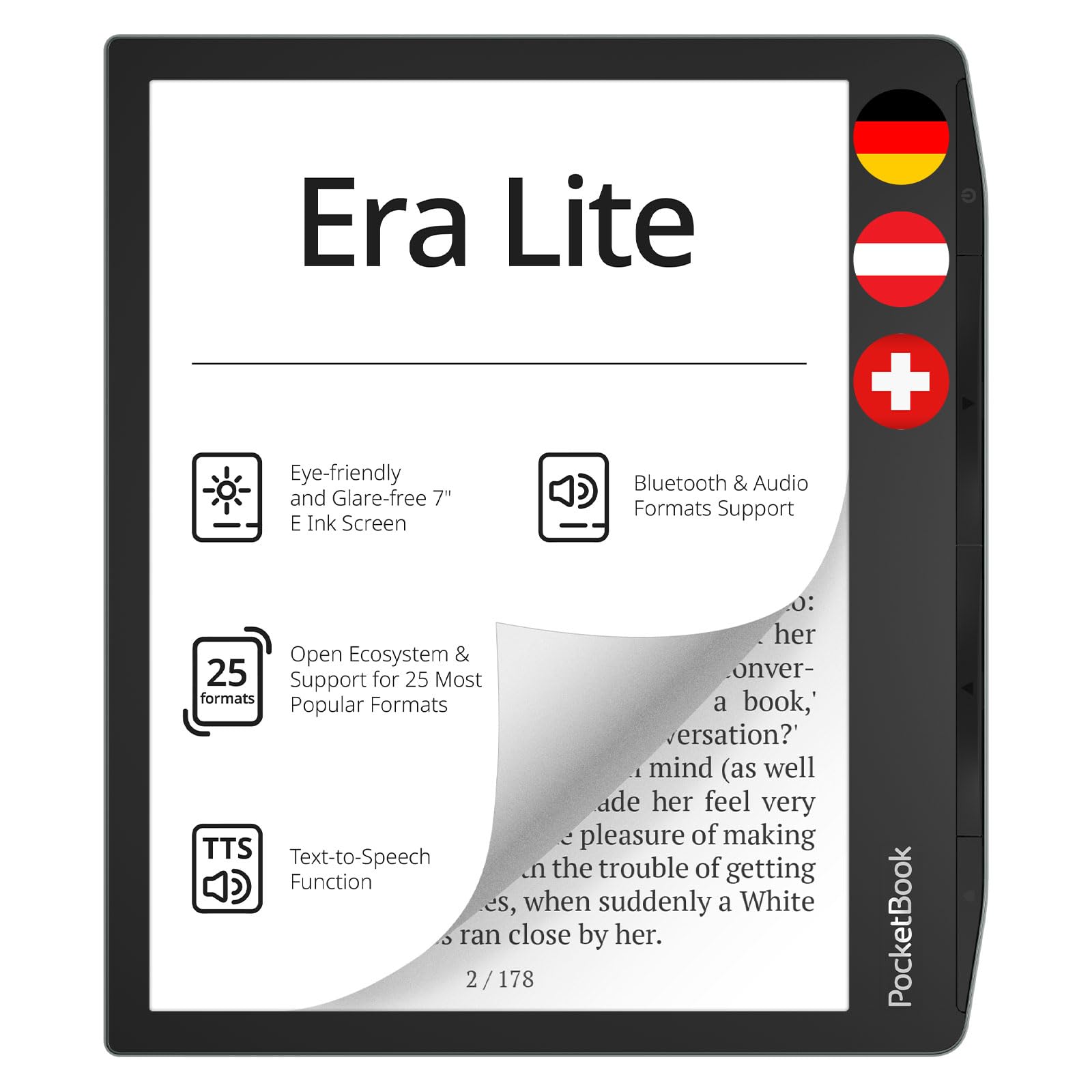Pocketbook Era Lite - Lettore e-reader, display da 7" E‑Ink Carta 1300, 16 GB, IPX4, Bluetooth, SMARTlight, verde pietra, versione DE/AT/CH
