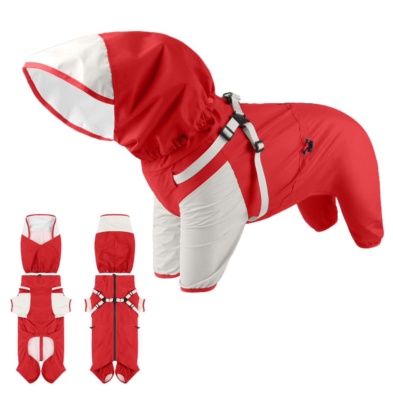 Impermeable para perro, chaqueta impermeable para perro con capucha desmontable y hebillas elásticas ajustables, ligera y vívida, chaqueta impermeable para mascotas de 4 patas con malla