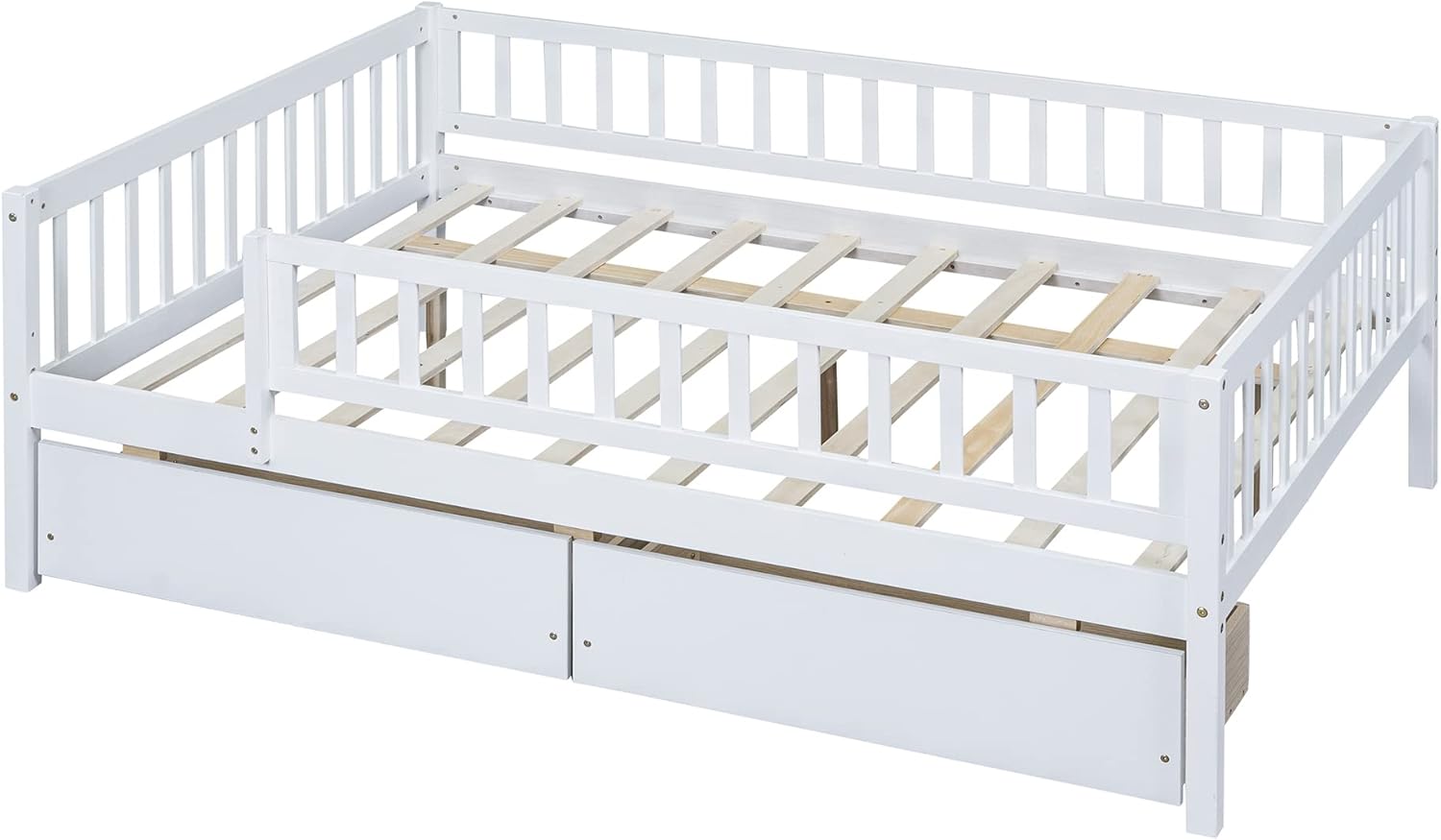 P PURLOVE Full Daybed with 2 Drawers, Daybed Frame with Fence Guardrail, Wood Daybed for Boys, Girls and Young Teens, No Box Spring Needed (White)