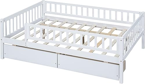 Miniatura 7 de Harper & Bright Designs Sofá cama matrimonial con dos cajones, marco de cama de tamaño matrimonial de madera con rieles de valla y almacenamiento,