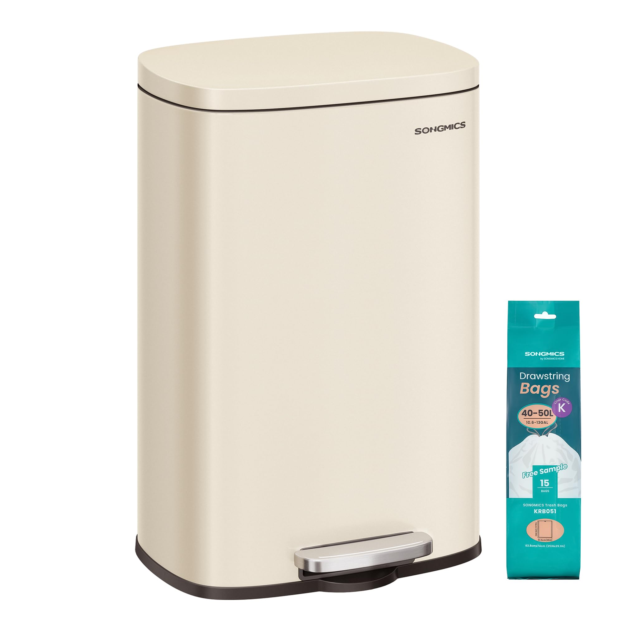 SONGMICS Poubelle Cuisine 50 L, Poubelle Bureau, Fermeture en Douceur, avec Pédale, en Acier, Seau Intérieur, Beige Sable LTB050A02