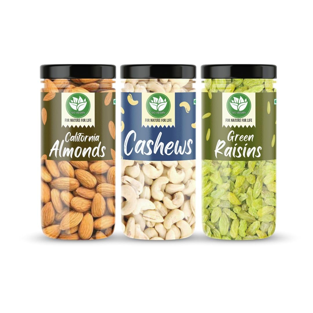 Go Vegan Healthy Dry Fruits Combo Pack 1.5Kg (500G X 3) - Almonds (NP), Cashews (W-320 Grade), Long Green Raisins (Jar Pack) | Nutritious & Delicious High In Fiber & Immunity Booster (B0CNTJRM6Y) Amazon Price History, Amazon Price Tracker