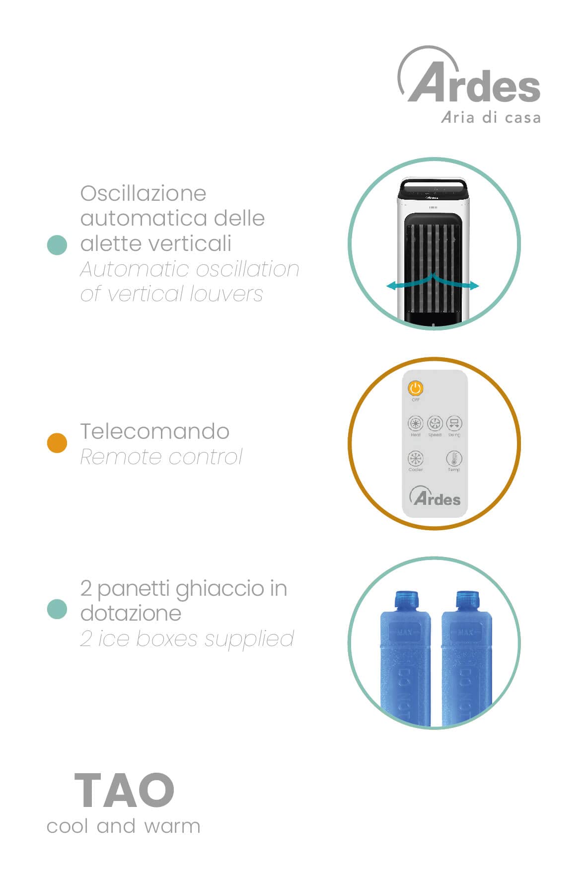 Ardes TAO Circulateur d’Air 80W 2 en 1 avec Oscillation Automatique, 3 Vitesses, 2 Niveaux de Chaleur, mando, Écran LED, Réservoir 5 L et Filtre Anti-Poussière