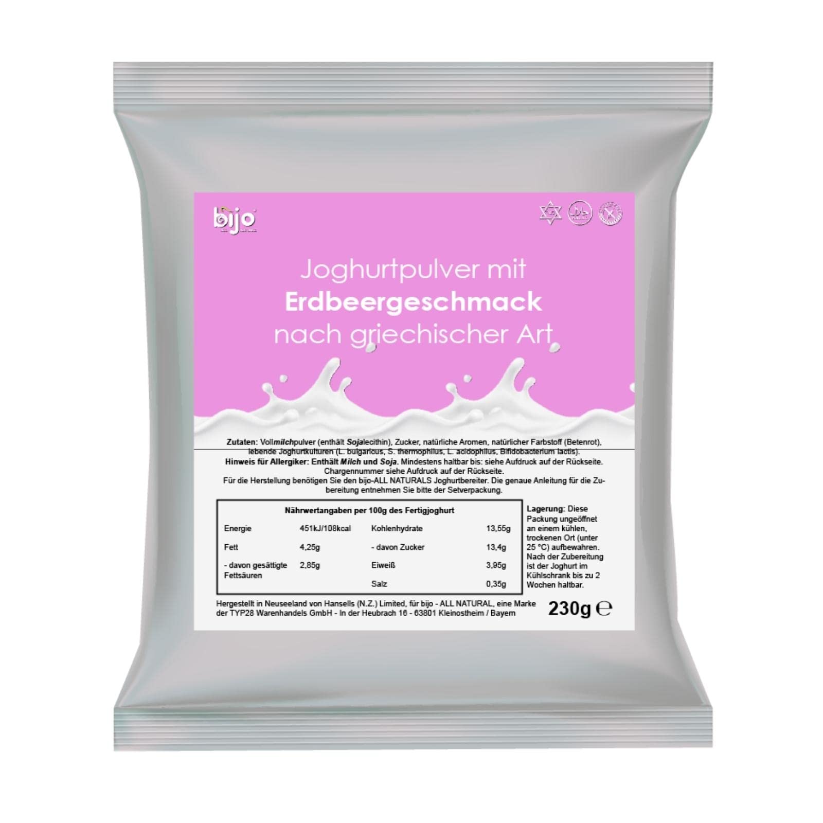 bijo Joghurtpulver mit Geschmack 4er Set - Erdbeere griechischer Art - Selbermachen (ergibt 4 kg Joghurt) - Joghurtpulver für Joghurtbereiter - 230g Joghurtpulver je Sachet - kurzes MHD