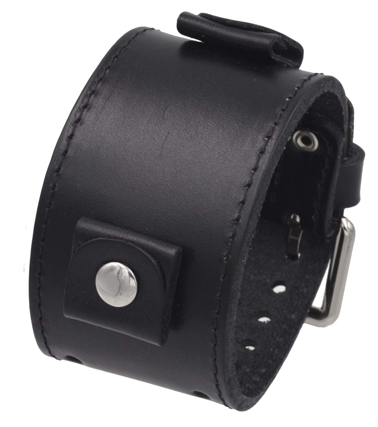 Nemesis LBB-KK 24mm Lug Width Wide Black Leather Cuff Wrist Watch Band with Black Stitching