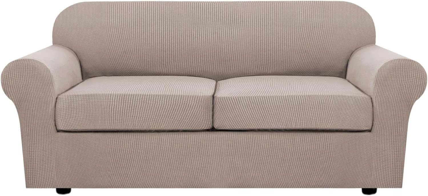 H.VERSAILTEX 3 Piece Stretch Sofa Covers for 2 Cushion Sofa Couch Covers for Living Room Furniture Cover (Base Cover Plus 2 Seat Cushion Covers) Thicker Jacquard Fabric(Large Sofa, Sand)