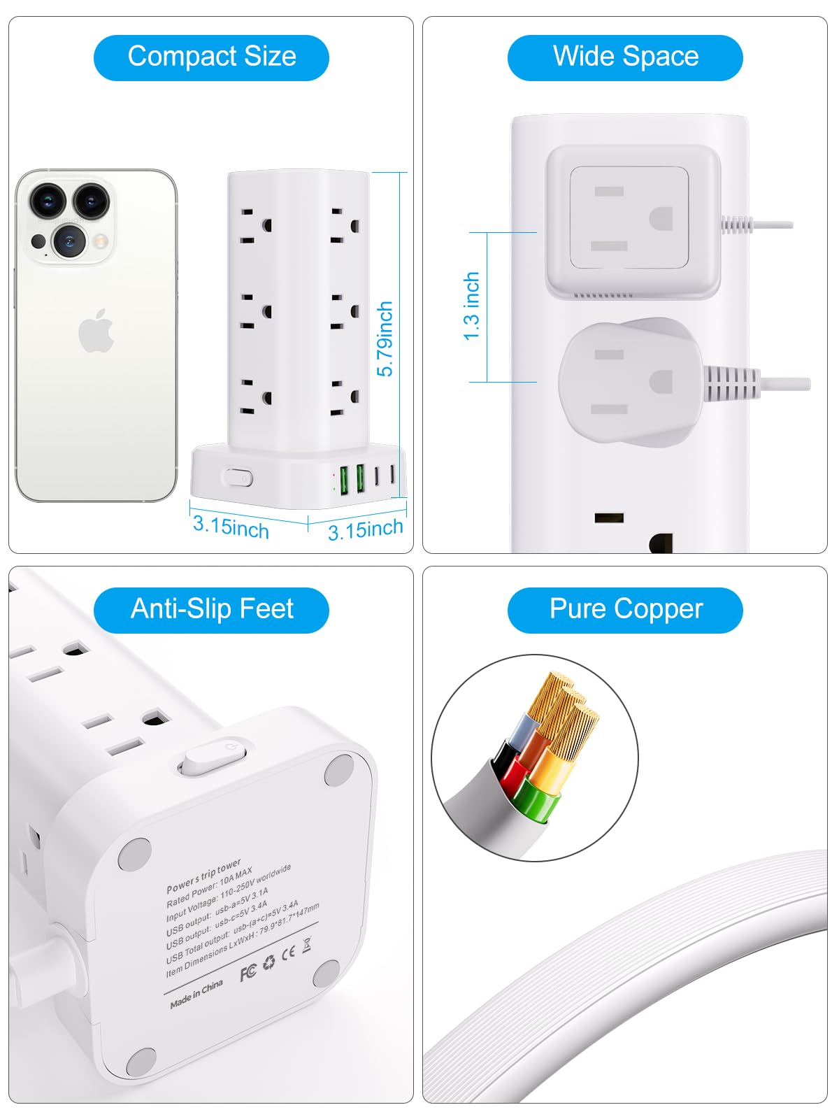 Torre multipresa con caricabatterie wireless, torre di protezione da sovratensioni a spina piatta con cavo di prolunga da 1,8 m, 12 prese multiple AC, 4 USB (2 USB C), torre