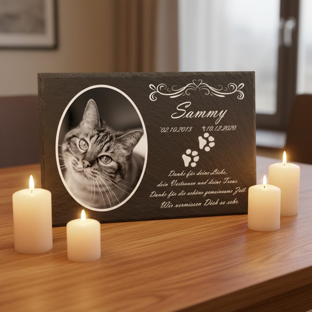 Katzengrabstein mit eigenem Foto und Katzenpfoten, Gedenksteine für Katzen mit personalisierter Gravur Katzen, Gedenksteine aus Naturschiefer 20x30 cm
