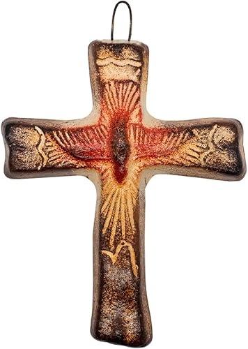 Cruz de pared de arcilla  Espíritu Santo o Corazón Sagrado  Esculpida y pintada a mano  Decoración católica del hogar  Gran regalo cristiano para