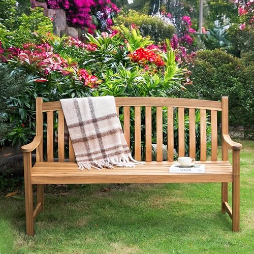 VICTORY RELAX Natural Acacia Wood Outdoor Garden Bench, Wooden Bench Outdoor with Comfortable Backrest, Weatherproof Outdoor Furniture for Porch, Patio & Garden, 60.2\" x 24.2\" x 37\"