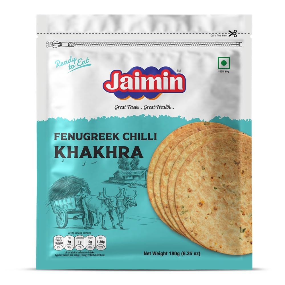 Lily's Indian Vegetarian Cuisine Present Jaimin Fenugreek Chilli Khakhra, 180g, Vegetarian Snack pack of 2