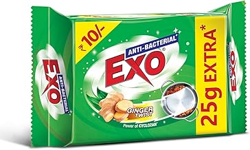Exo Dishwash Bar 160g (135g + 25g free) | Complete dishwashing solution with anti-bacterial efficacy with goodness of ginger | Remove tough grime, kills bacteria & sanitizes the utensils