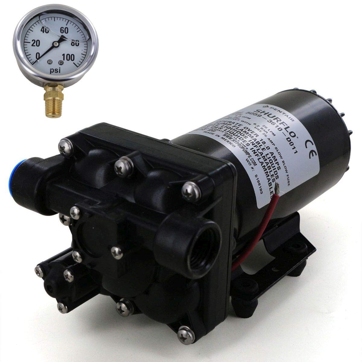 Shurflo 5059-3610-D011 Bypass 12V Diaphragm Pump with 100 PSI Pressure Gauge (Bundle, 2 Items)
