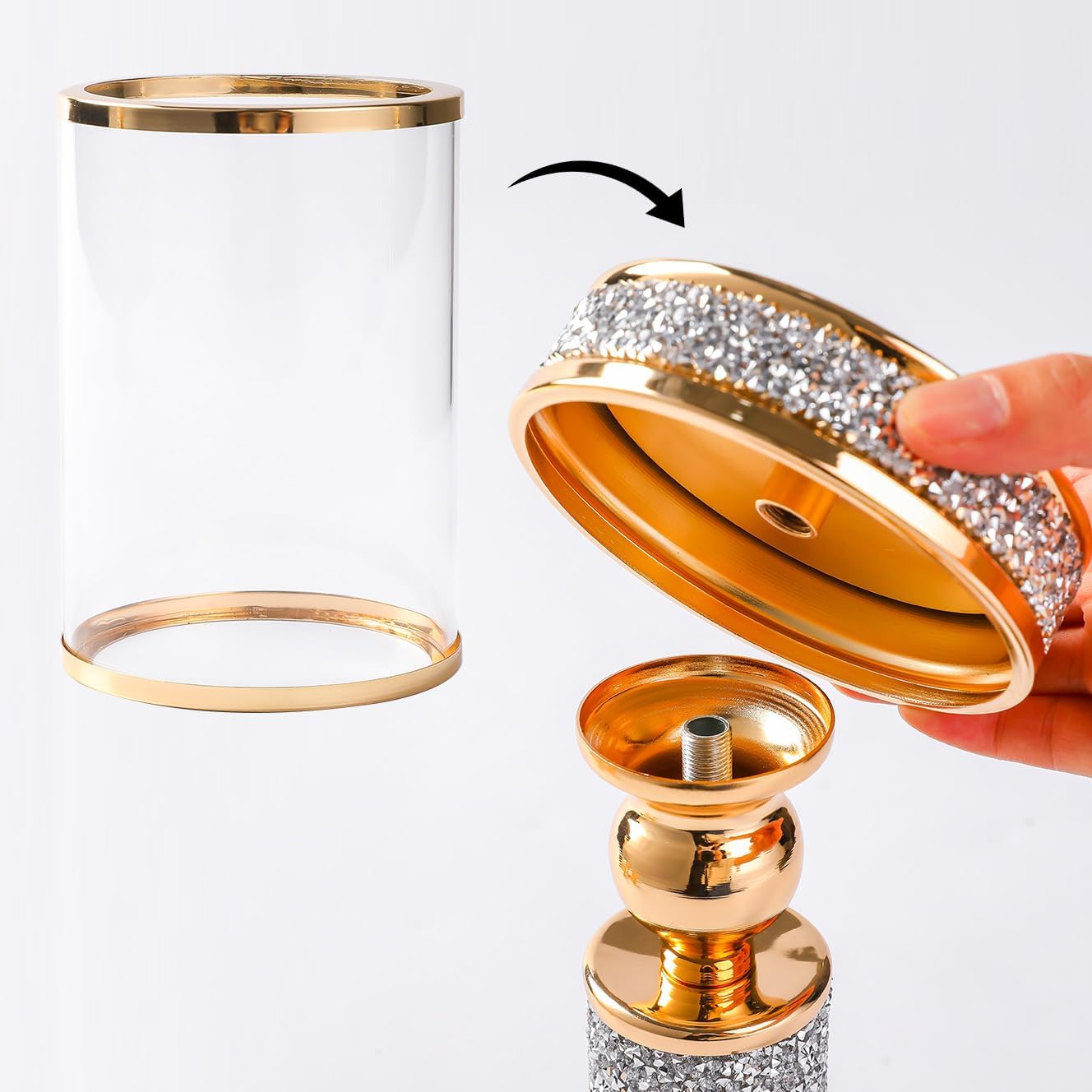 Pillar Candle Holder with Glass Wind Proof, Metal Hurricane Holders, Gold Crystal Candle Stand for Table Centerpieces, Home Decor, Wedding, Dining Table (M, 2PCS, For pillar candles up to 3"x5") - Image 9