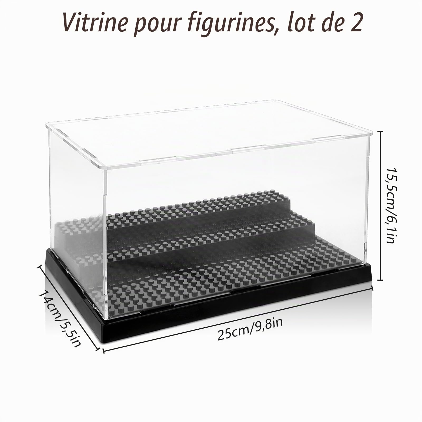 Lot de 2 vitrines en acrylique à 3 couches - 25 x 15,5 x 14 cm - Blocs de vitrine - En acrylique noir - Transparent - Étanche à la poussière - Pour collection de jouets