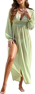 Dokotoo Womens Swimsuit Coverups Sheer Mesh V-Neck Long Sleeve Beach Maxi Dresses Casual Summer Kimono Cardigans