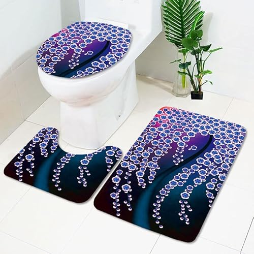 Bad Teppiche Set Lila Blumenbaum Badezimmerteppich Waschbar WC Vorleger mit Ausschnitt und WC Deckelbezug 3 Teilig Badematte rutschfest Toilettensitzbezug Badgarnitur 50x80 cm