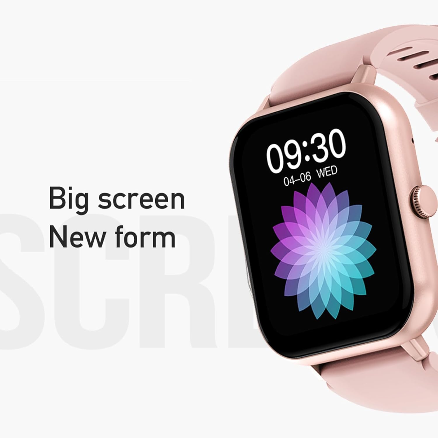 Close-up of the AWEI H25 Smart Watch screen displaying a digital watch face with a floral design.