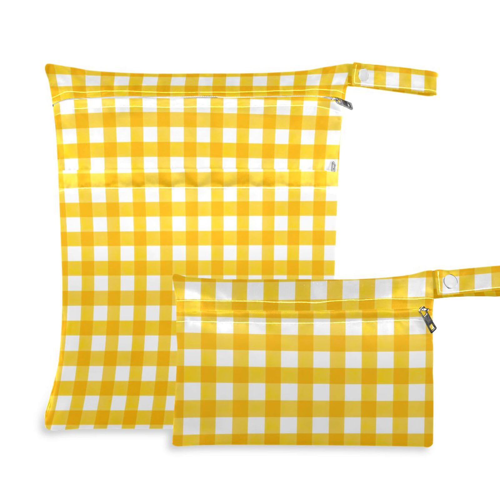 Coikll Wet Dry Bags for Cloth Diaper 2 Pack Waterproof Yoga Gym Bag for Swimsuit Wet Clothes Baby Items-?Yellow and White Grid?