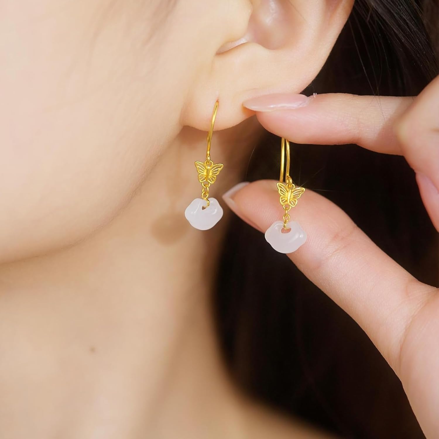 White Jade Dangle Earrings 24K Gold Hollow Butterfly Ruyi Jade Drop Earring Healing Gemstone Natural Dainty Jewelry for Women Her Mom Daughter Anniversary Birthday Present Y0914874