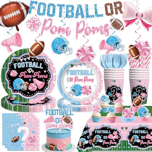 Football Gender Reveal Decorations All-in-one Set for Boy or Girl Serves 25 Football or Pom Poms Gender Reveal Decorations Include Tableware Balloon Banner Tablecloth Cupcake Topper Etc.