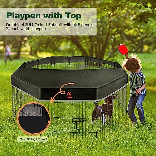 Pjyucien Dog Playpen - Metal Foldable Dog Exercise Pen, Pet Fence Puppy Crate Kennel Indoor Outdoor With 8 Panels 24”H & Top Cover For Small Medium Pets #TOP2