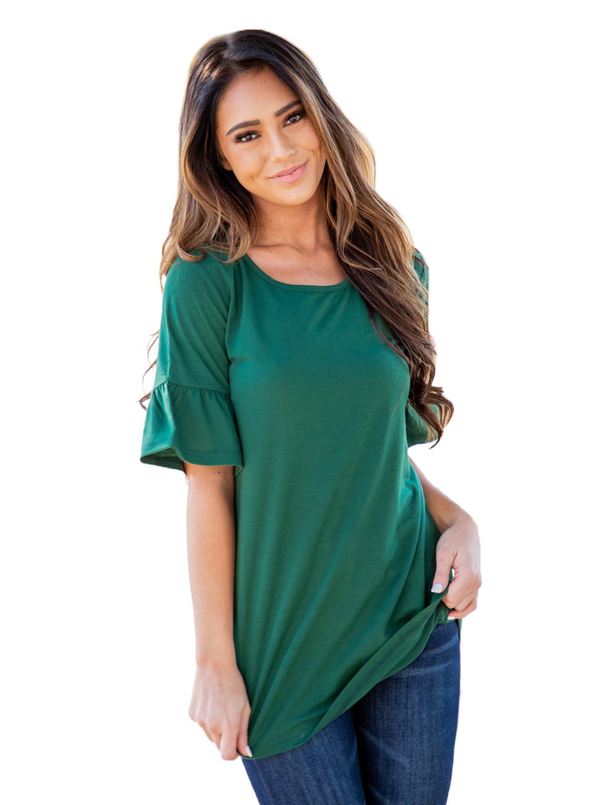 Tickled Teal Women's Round Neck Loose Fit Flared Sleeve Blouse Tee Top