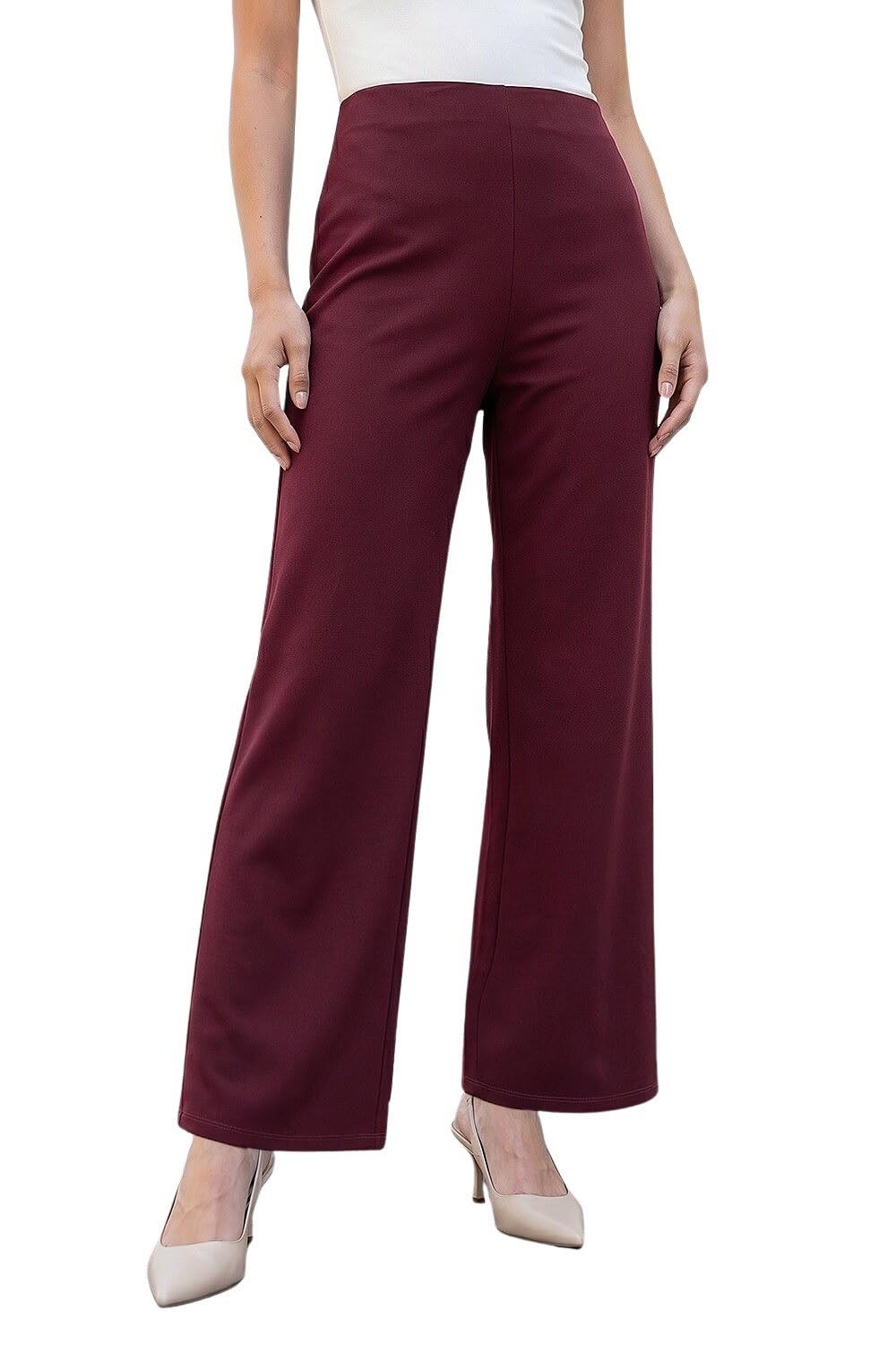 Roman Originals Women's Petite Wine Roman Petite Wide Leg Stretch Trouser For Uk - Everyday Autumn Winter Comfy Soft Evening Vacation Work Party Night Out - Size 14