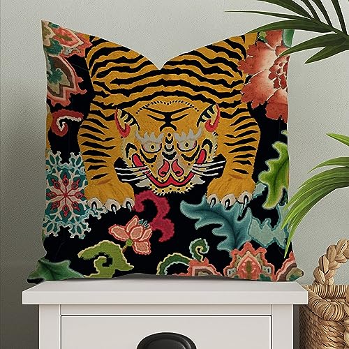 ArogGeld Chinoiserie Tiger Pillow Animal Print Pillow Covers Asian Throw Pillow Cover Pink Green and Turquoise Floral Colorful Farmhouse Pillow Case Cushion Cover Decor for Couch Sofa Bed Car 18x18in
