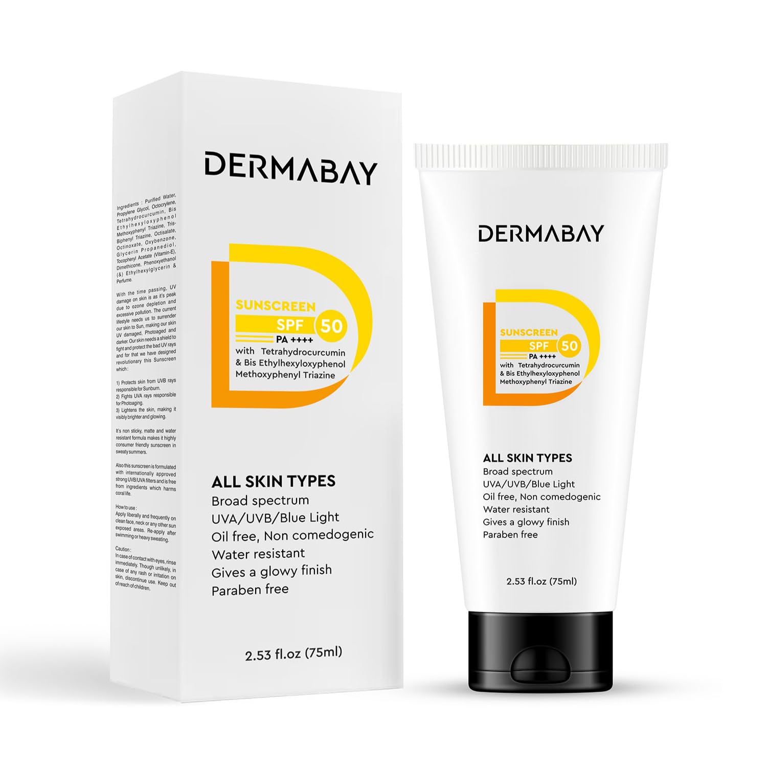 Dermabay Sunscreen SPF 50 PA++++ Invisible Glowy Finish, Quickly Absorbing, Best for Summer and Humid Weather, Water Resistant, Sweatproof, Non Comedogenic, Ideal for Women and Men, 75ml (Pack Of 1)