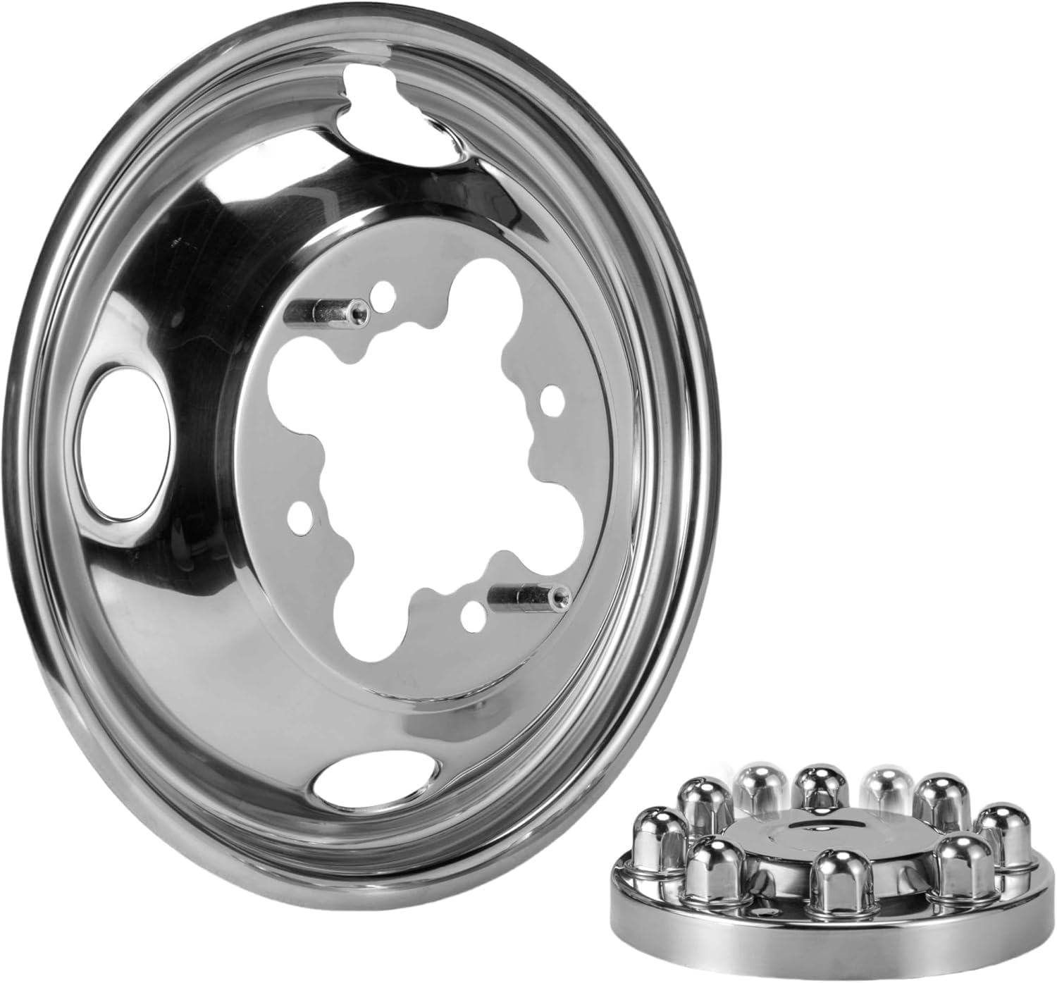 4pcs 16 inches 304L Stainless Steel Dually Wheel Simulators, Bolt On Polished Wheel Cover, 4 Hand Holes Dual Wheels Hubcaps for 10 Lugs Ford F450 1988-1998 w/Tool Kit C16D10