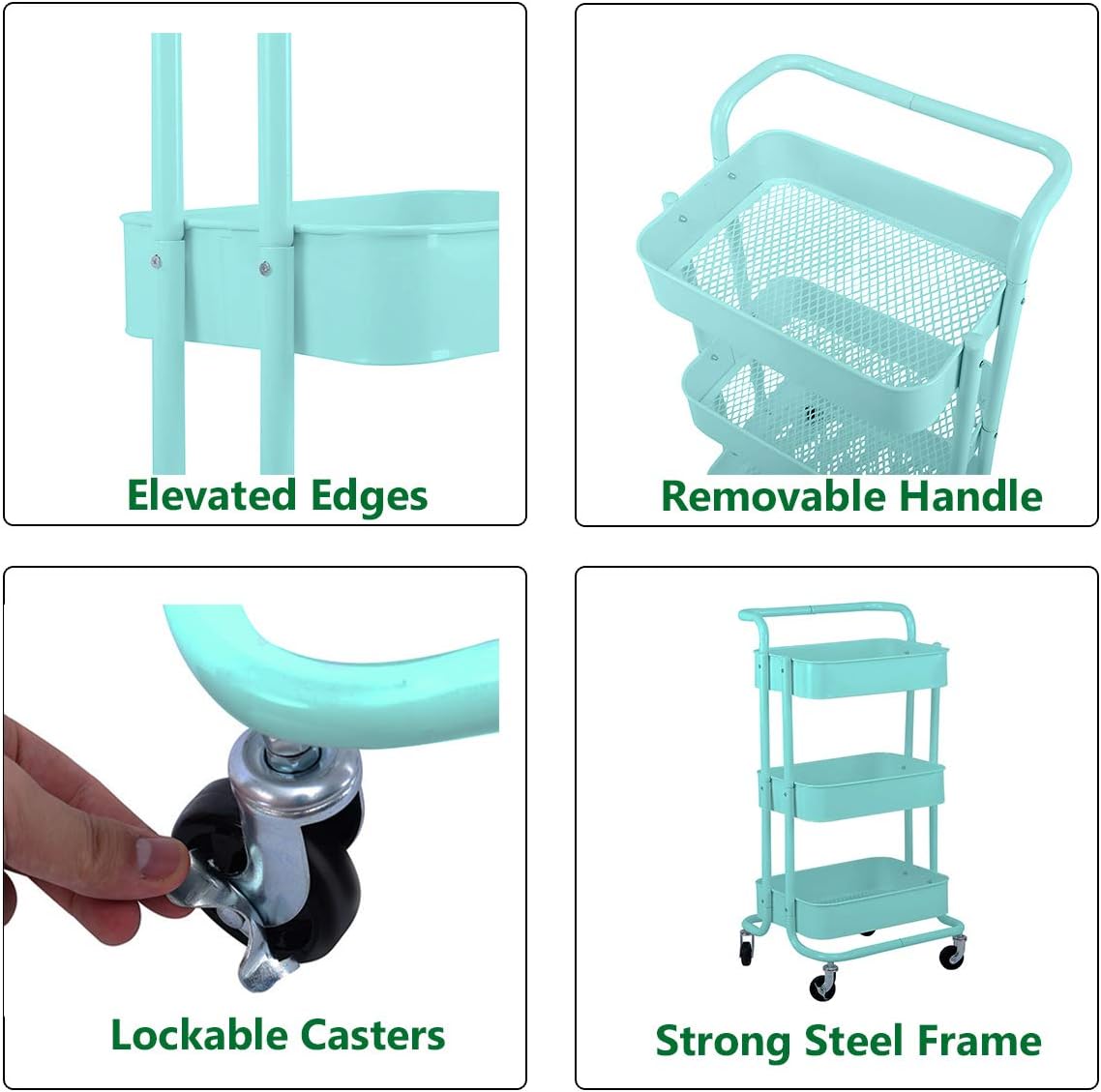 3-Tier Metal Mesh Rolling Cart Storage Organizer with Utility Handle and Wheels, Turquoise