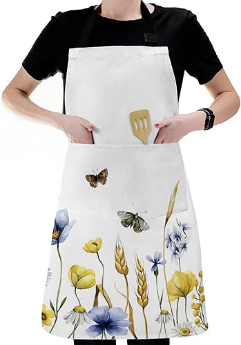 Miniatura 5 de Delantales florales de primavera con bolsillos, impermeable, delantal ajustable para hombres y mujeres, tulipán azul amarillo botánico de cosecha de