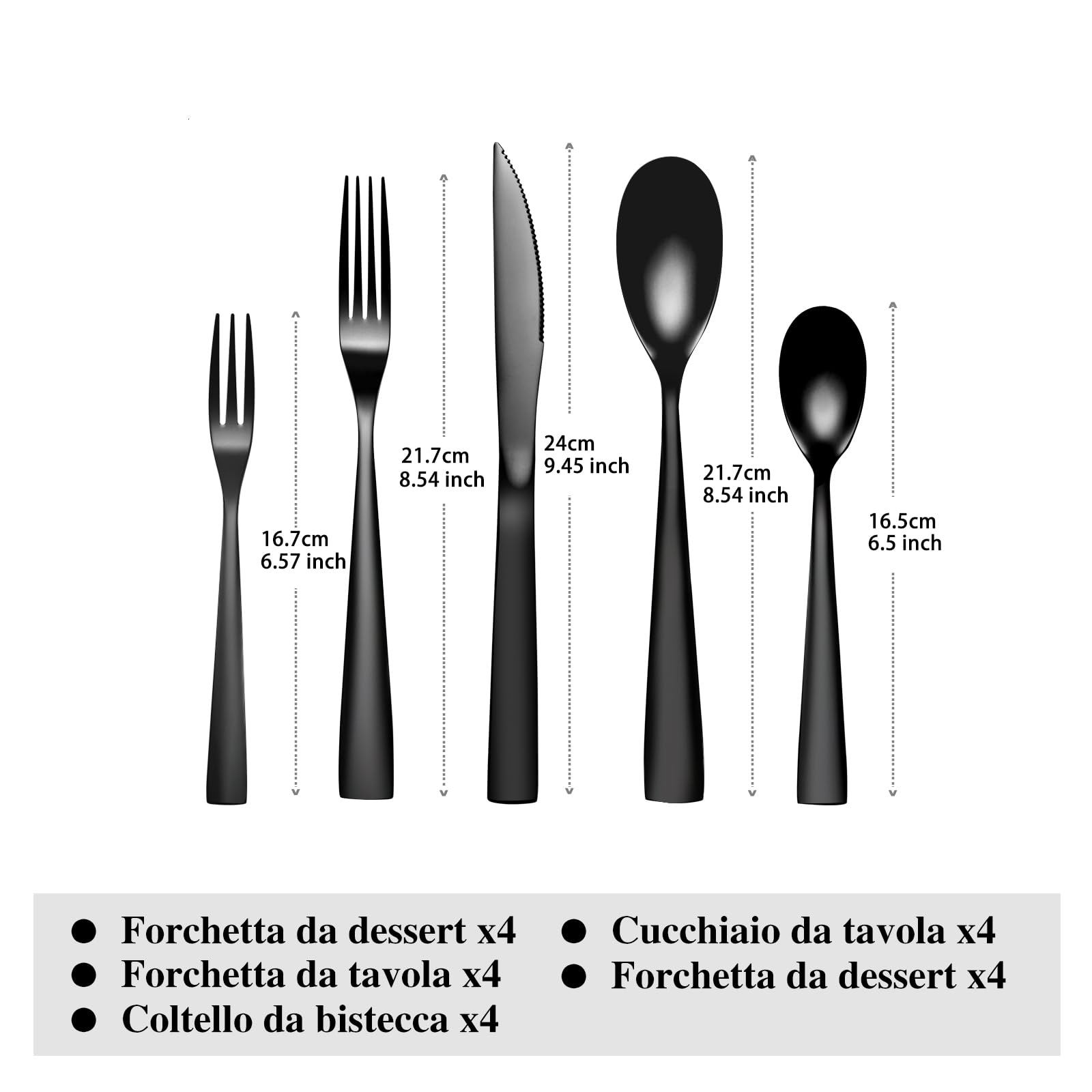 Otto Koning - Berlin - Set di Posate 20 Pezzi in Acciaio Inossidabile Placcato in Nero Titanio e Lucido, Spessore 4 mm. e Coltello da Bistecca. Un Moderno Servizio da tavola per 4 commensali