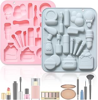 2 Pack Makeup Tools Themed Silicone Molds, 17 Cavity 3D Lipstick Perfume Makeup Brush Cosmetics DIY Silicone Tray Baking Tools for Chocolate Candy Fondant Pudding Soap Candle Resin Polymer Clay