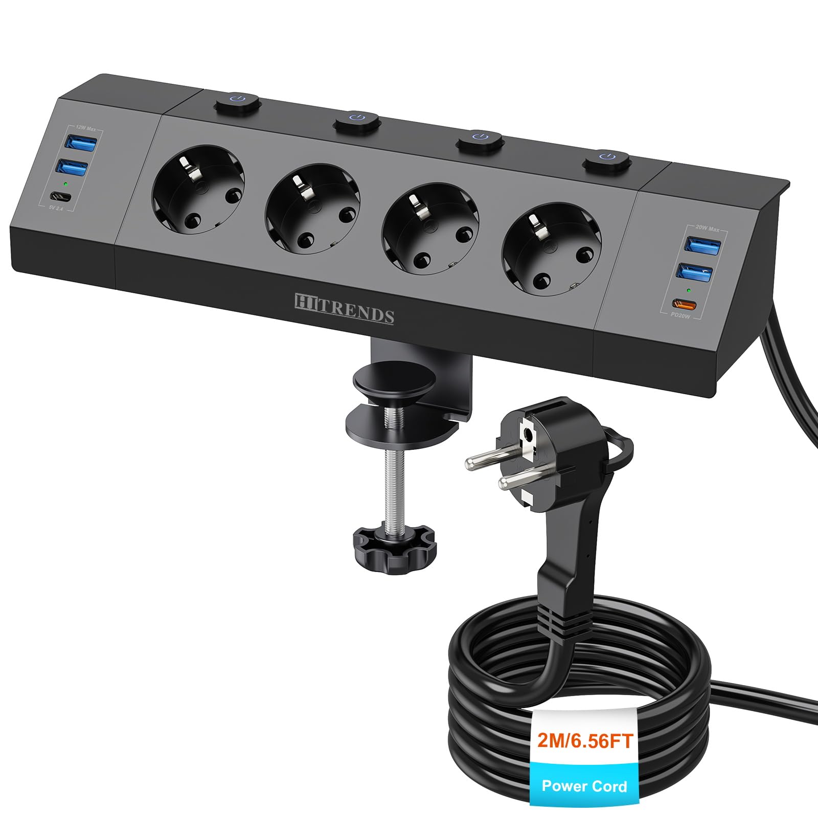 Gniazdko biurkowe z USB C PD 20W, listwa zasilająca z 4 pojedynczymi przełącznikami, 4-krotne gniazdko narożne z 6 USB, płaska wtyczka wielogniazdko montaż ścienny z kablem 2M, czarne
