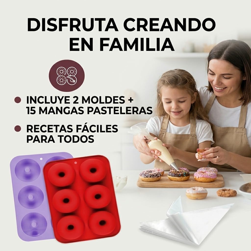 Moldes Silicona Donuts Antiadherente 2Pcs Violeta Rojo con 15 Mangas Pasteleras para Horno Air Fryer
