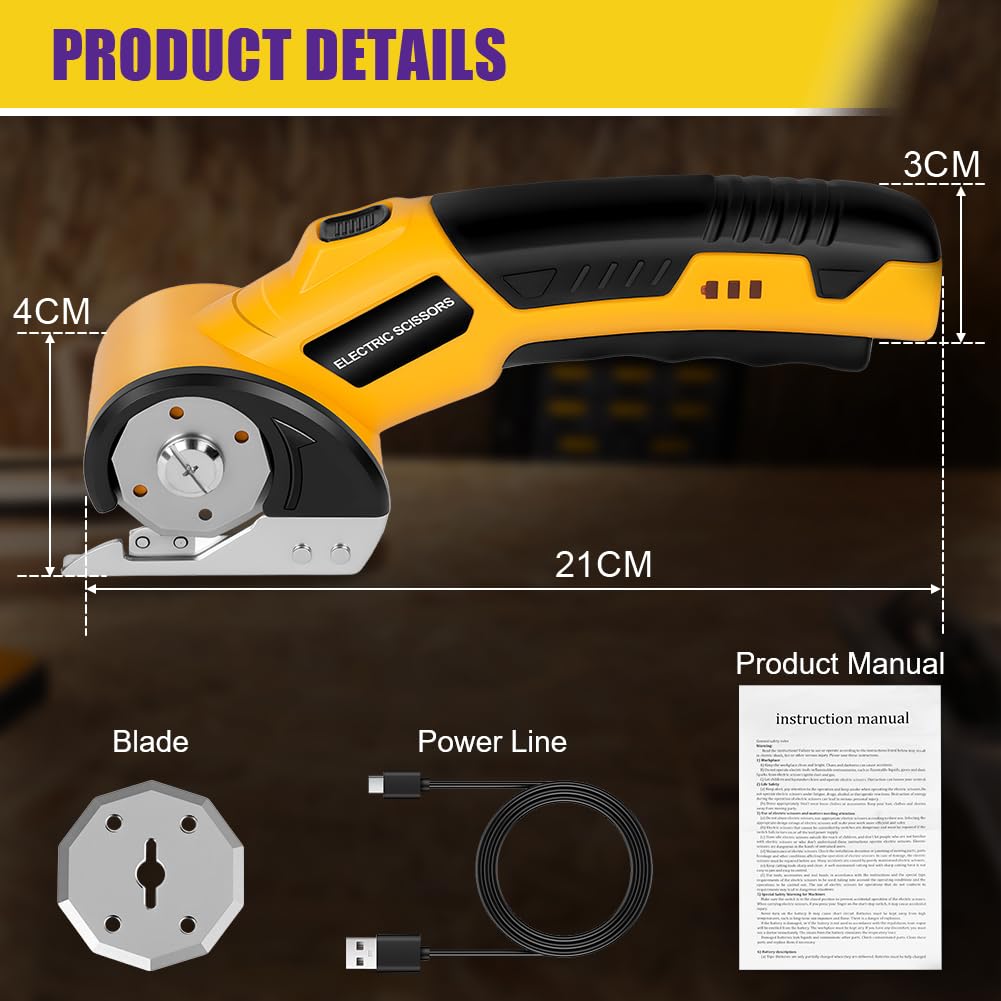 HOTUT Tijeras Eléctricas Sin Cable, Cúter Circular, Mini Cutter Eléctrico, Recargable Con Diseño De Corte Rotativo, Carga USB, Gatillo Extralargo, Luz LED,Cortador Alfombras Y Cartón