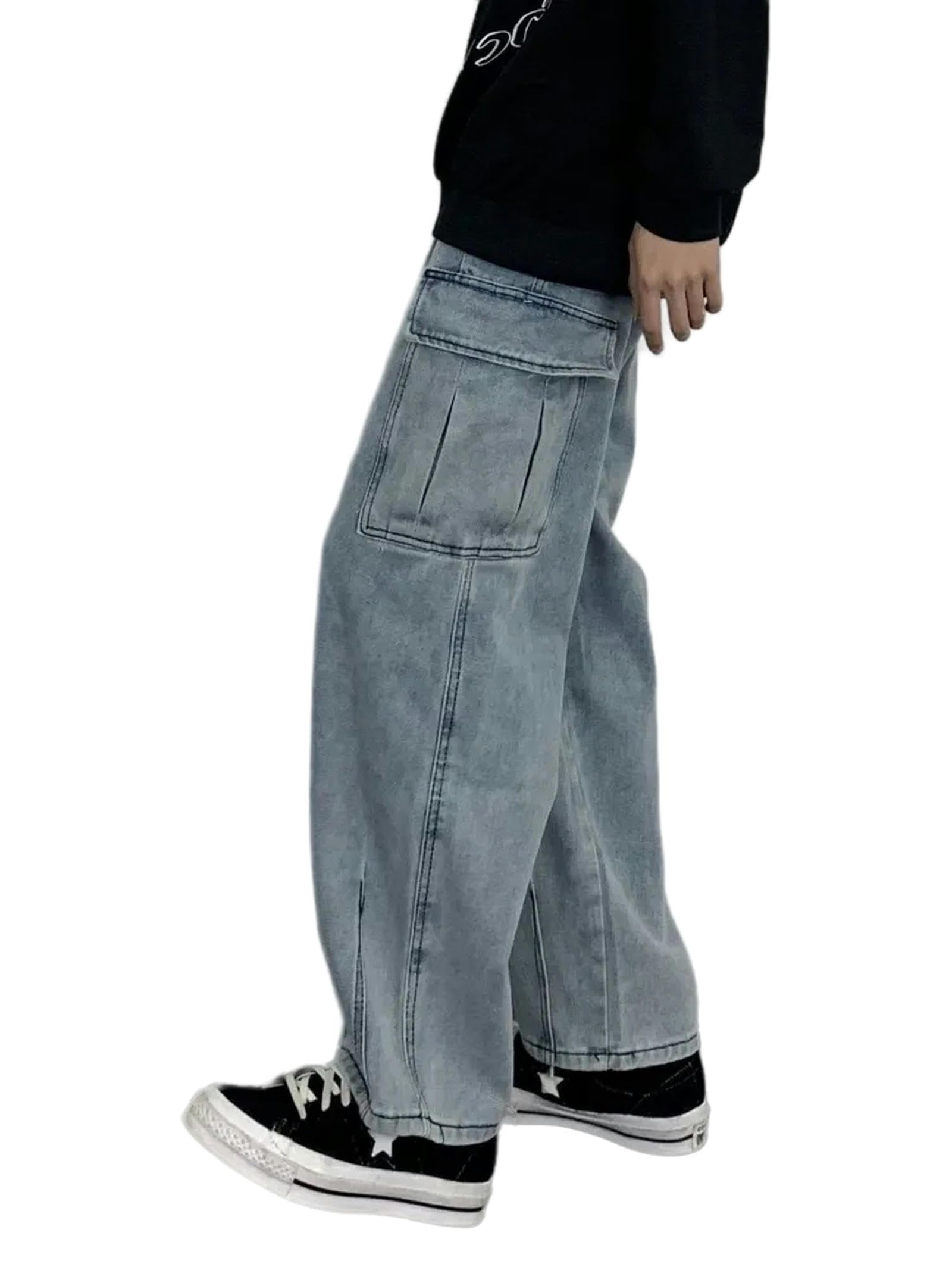 Jeans Uomo Larghi Pantaloni di Jeans Neri Vintage degli Uomini Autunno Inverno