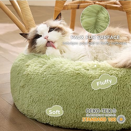 Image of Bedsure Calming Cat Beds for Indoor Cats - Small Cat Bed Washable 20 inches, Anti-Slip Round Fluffy Plush Faux Fur Pet Bed, Fits up to 15 lbs Pets, Green