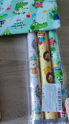 3 Rollen Geschenkpapier Mit Tiermotiven - Löwe, Krokodil & Igel